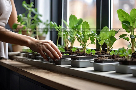 Seedlings of vegetables for planting in the open ground in the garden are grown on the windowsill - preparation for the summer season, subsistence farming. AI generated. Стоковое AI-изображение, AI-художник Ольга Симонова / Фотобанк Лори