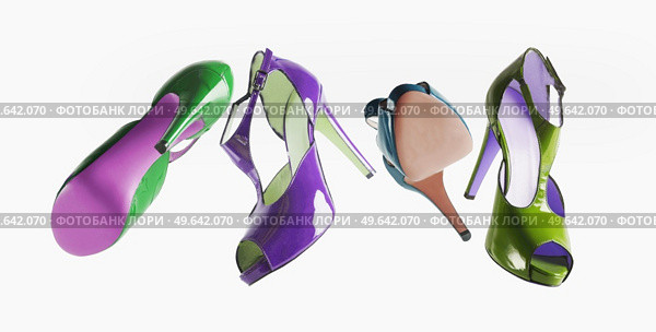 Selection of bright colored flying high heels at white background. Levitation fashion concept with fancy modern shoes in trend color. Fashionable women footwear. Front view. Стоковое фото, агентство Ingram Publishing / Фотобанк Лори