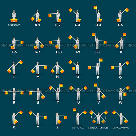 Semaphore Alphabet Icons Set. Semaphore alphabet icons set with man and flags on blue background flat isolated vector illustration. Стоковая иллюстрация, агентство Ingram Publishing / Фотобанк Лори