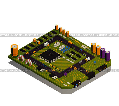 Semiconductor electronic components assembled on circuit board as city buildings streets traffic elements isometric composition vector illustration . Semiconductor Electronic Components Isometric Composition . Стоковая иллюстрация, агентство Ingram Publishing / Фотобанк Лори
