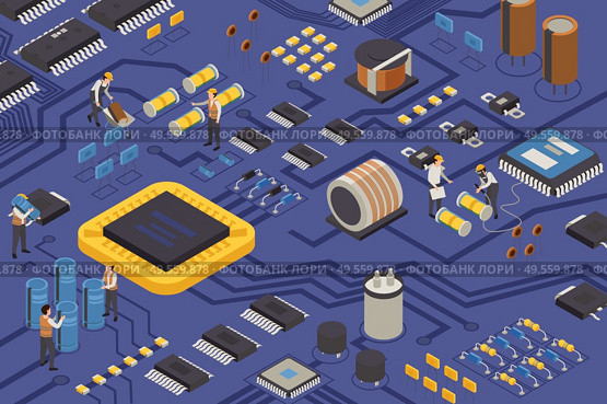 Semiconductor element production isometric composition with construction workers on circuit board moving capacitors transistors and microprocessors vector illustration. Semiconductor Element Production Composition. Стоковая иллюстрация, агентство Ingram Publishing / Фотобанк Лори
