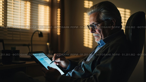 Senior businessman using stylus on tablet, working late in home office. Стоковое фото, фотограф David Kashakhi / Фотобанк Лори
