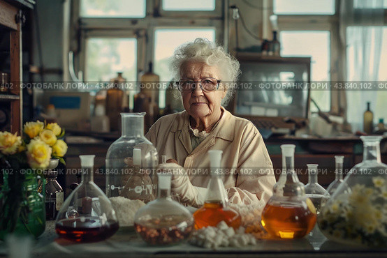 Senior chemist in vintage laboratory. Стоковое AI-изображение, AI-художник Иван Рябоконь / Фотобанк Лори