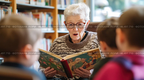 Senior librarian reading a story to children in the library. Стоковое AI-изображение, AI-художник Юрий Поздников / Фотобанк Лори