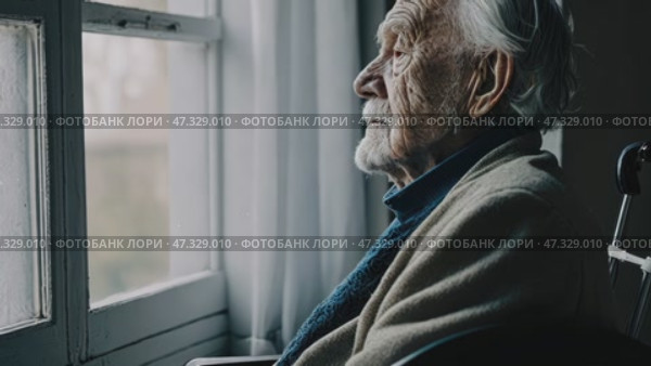Senior man disabled sitting alone in wheelchair looking through window at hospital, lonely elder thoughtful sad old man look outside in bedroom at retirement home, feel depressed lonely. Стоковое AI-видео, аниматор Sergey Grishin / Фотобанк Лори