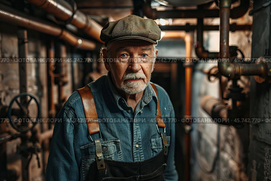 Senior technician inspecting plumbing system in basement. Стоковое AI-изображение, AI-художник Иван Рябоконь / Фотобанк Лори