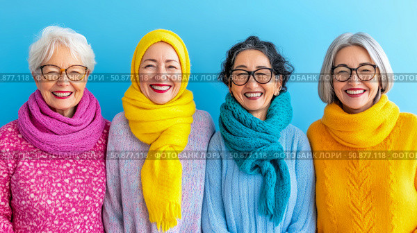 Senior Women's Friendship: A cheerful group portrait of ladies wearing colorful knitwear, celebrating aging with joy, design for senior community events. Стоковое AI-изображение, AI-художник Данила Большаков / Фотобанк Лори