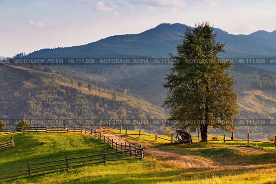 September rural scene in Carpathian mountains. Authentic village and fence . Стоковое фото, агентство Ingram Publishing / Фотобанк Лори