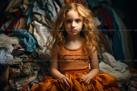 Serene child amidst vintage garments. Стоковое AI-изображение, AI-художник Иван Рябоконь / Фотобанк Лори
