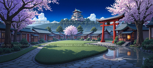 Serene Japanese village scene featuring blooming sakura , hanami, red torii gate  , historic castle , shiro on hill, wooden homes, manicured gardens, stone walkway, and tranquil spring atmosphere. Стоковое AI-изображение, AI-художник Андрей Ка / Фотобанк Лори