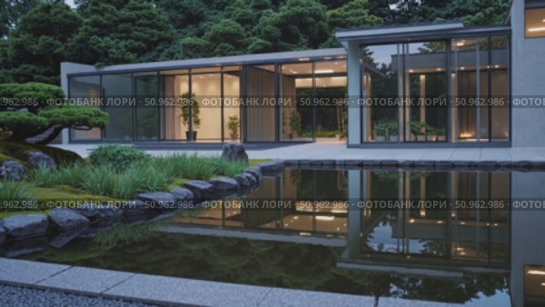 Serene Kyoto pond mirroring twilight landscape, featuring manicured bonsai, stone elements, verdant moss amid peaceful garden setting. Стоковое AI-видео, аниматор Данил Руденко / Фотобанк Лори