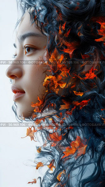 Serene profile of a woman's face elegantly merging with swirling dark artistic tendrils and a vibrant cascade of fiery autumn leaves, embodying the spirit of fall. Стоковое AI-изображение, AI-художник Данила Большаков / Фотобанк Лори