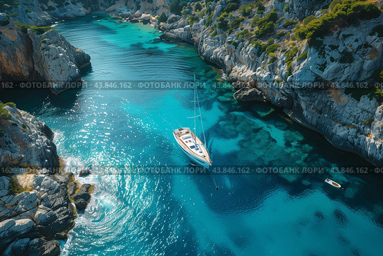 Serene Sailing Adventure in Crystal Clear Waters of Mediterranean Cove During Bright Sunny Day. Стоковое AI-изображение, AI-художник Сергей Толмачёв / Фотобанк Лори