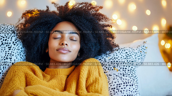 Serene Sleep: A woman enjoys restful sleep amidst soft light, embodying calm and relaxation for a peaceful moment of escape. Стоковое AI-изображение, AI-художник Данила Большаков / Фотобанк Лори