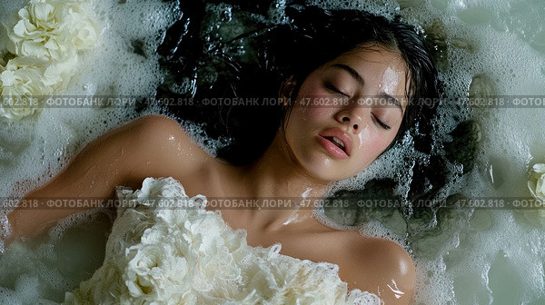 Serene Submersion: A Woman in a Bubbly Bath. Стоковое AI-изображение, AI-художник Данила Большаков / Фотобанк Лори