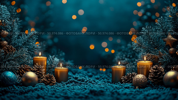 Serene Winter Solstice Scene: Candles, Pine Cones, and Festive Ornaments in a Teal Setting. Стоковое AI-изображение, AI-художник Данила Большаков / Фотобанк Лори