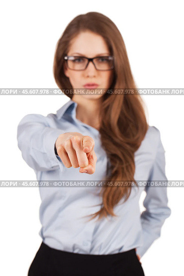 Serious girl shows forefinger forward. Стоковое фото, фотограф Дмитрий Киселёв / Фотобанк Лори