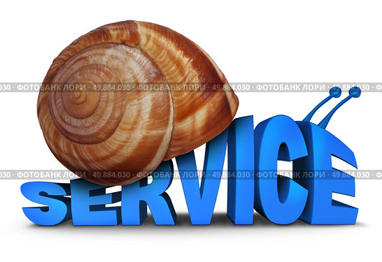 Service Problem concept as three dimensional text shaped as a snail with a shell as a symbol for poor slow customer care and lacking motivation  on a white background. Стоковое фото, агентство Ingram Publishing / Фотобанк Лори