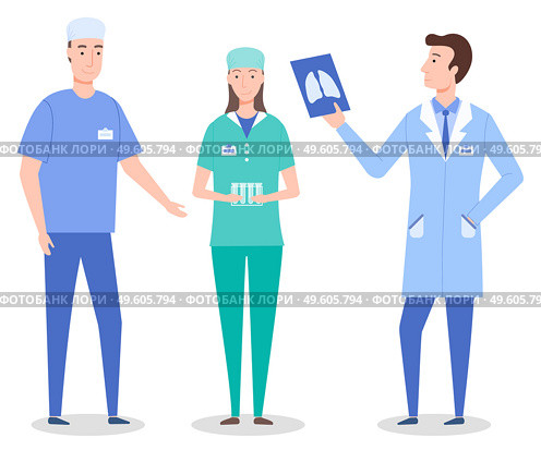 Set cartoon characters of medical staff, workers. Healthcare medicine concept. Surgeon wearing medical suit, laboratory assistant or nurse with tubes, radiologist holding fluorography of lungs. Surgeon wearing medical suit, laboratory assistant nurse with tubes, radiologist with fluorography. Стоковая иллюстрация, агентство Ingram Publishing / Фотобанк Лори