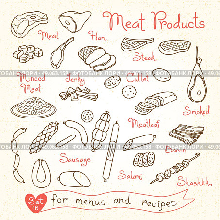 Set drawings of meat products ham, steak, minced, jerky, cutlet, smoked, meatloaf, sausage, bacon, salami for design menus, recipes and packages product. Vector Illustration. Стоковая иллюстрация, агентство Ingram Publishing / Фотобанк Лори