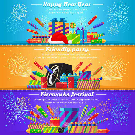 Set Fireworks. Different Kinds of Firecrackers. Happy New Year. Friendly party. Fireworks festival. Set fireworks. Different kinds of bright and great firecrackers. Interesting decorations. Colourful backgrounds. Flat design. Vector illustration. Стоковая иллюстрация, агентство Ingram Publishing / Фотобанк Лори