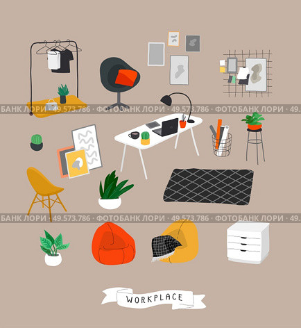 Set for workplace or home office with stylish comfy furniture and modern home decorations in trendy Scandinavian or hygge style. Cozy Interior furnished home plants. Flat cartoon vector illustration. Set for workplace or home office with stylish comfy furniture and modern home decorations in trendy Scandinavian or hygge style. Cozy Interior furnished home plants. Flat cartoon vector. Стоковая иллюстрация, агентство Ingram Publishing / Фотобанк Лори