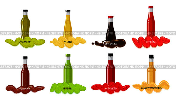 Set glass bottles with hot sauces. Sauce bottles with strips of spilled seasonings flat vector illustration isolated on white. National cuisines spicy ingredients collection for icons, logos and web  . Set of Glass Bottles with Hot Sauces Flat Vector. Стоковая иллюстрация, агентство Ingram Publishing / Фотобанк Лори