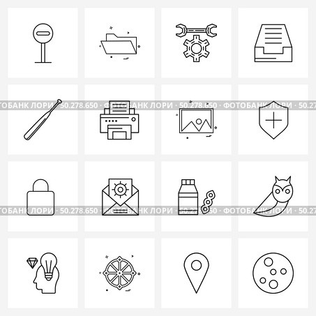 Set of 16 Line Icon Signs and Symbols of baseball, inbox, wrench, files, basic Vector Illustration. Стоковая иллюстрация, агентство Ingram Publishing / Фотобанк Лори