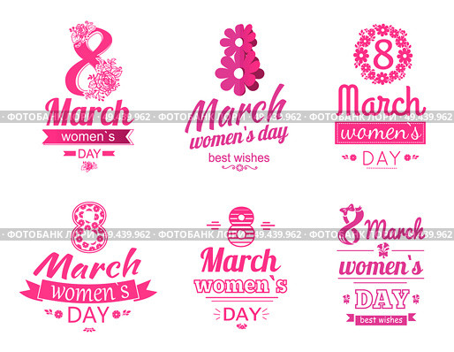 Set of 8 March greeting cards design dedicated to International Womens day, blooming flowers and text on pink ribbon isolated on white background signs. Set of 8 March Greeting Card International Holiday. Стоковая иллюстрация, агентство Ingram Publishing / Фотобанк Лори