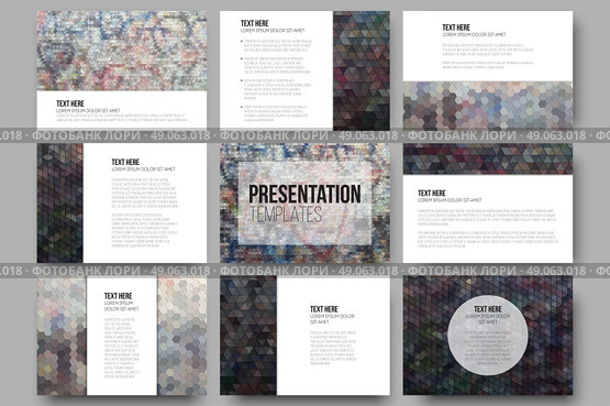 Set of 9 templates for presentation slides. Graffiti wall. Abstract multicolored backgrounds. Geometrical patterns. Triangular and hexagonal style vector illustration. Set of 9 templates for presentation slides. Graffiti wall. Collection of abstract multicolored backgrounds. Geometrical patterns. Triangular and hexagonal style vector illustration. Стоковая иллюстрация, агентство Ingram Publishing / Фотобанк Лори