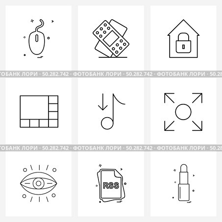 Set of 9 Universal Line Icons of expand, musical note, locked house, music, merge Vector Illustration. Стоковая иллюстрация, агентство Ingram Publishing / Фотобанк Лори