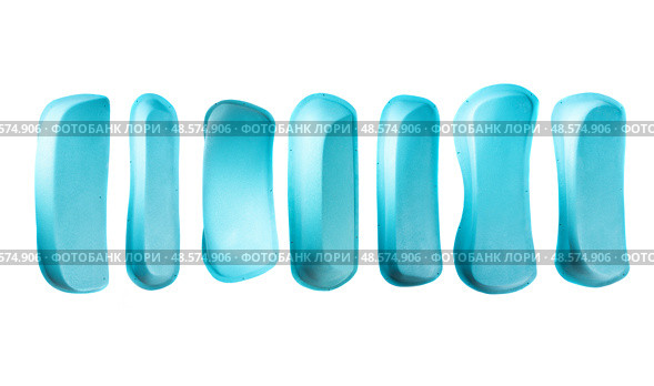 Set of blue climbing pinches arranged in a row, isolated on white. Indoor climbing holds for training or competition. Online shop image. Стоковое фото, фотограф Татьяна Терехина / Фотобанк Лори