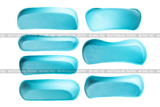 Set of blue climbing volumes with rounded edges and elongated shapes, used for indoor climbing walls, training, route setting, and bouldering challenges. Стоковое фото, фотограф Татьяна Терехина / Фотобанк Лори