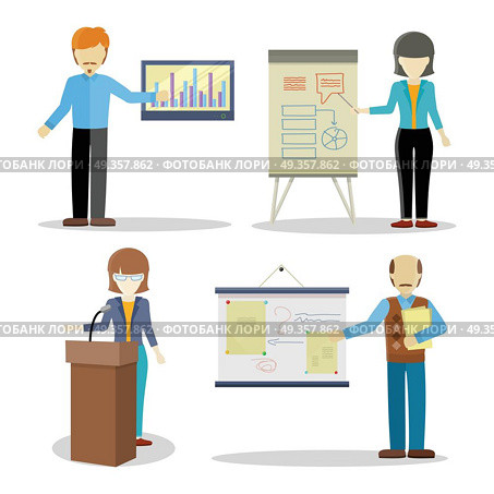 Set of Business Coaches Characters in Flat Design.. Collection of lectures character vectors. Flat design. Woman and man personages holding business seminar. Certification training in office. Illustration for educational companies, career courses ad.  . Стоковая иллюстрация, агентство Ingram Publishing / Фотобанк Лори
