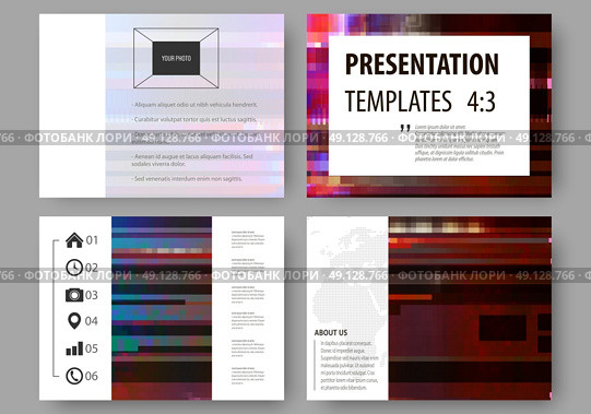 Set of business templates for presentation slides. Easy editable abstract layouts in flat design, vector illustration. Glitched background made of colorful pixel mosaic. Digital decay, signal error, television fail. Trendy glitch backdrop. Стоковая иллюстрация, агентство Ingram Publishing / Фотобанк Лори
