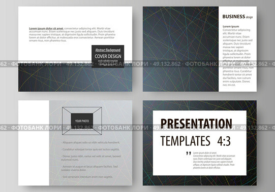 Set of business templates for presentation slides. Easy editable abstract vector layouts in flat design. Colorful dark background with abstract lines. Bright color chaotic, random, messy curves. Colourful vector decoration. Стоковая иллюстрация, агентство Ingram Publishing / Фотобанк Лори