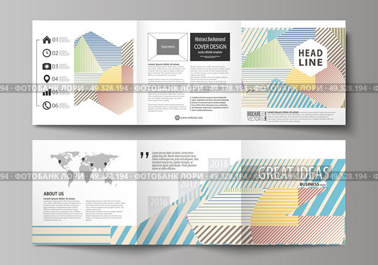 Set of business templates for tri fold square brochures. Leaflet cover, abstract flat layout, easy editable vector. Minimalistic design with lines, geometric shapes forming beautiful background.. Set of business templates for tri fold square design brochures. Leaflet cover, abstract flat layout, easy editable vector. Minimalistic design with lines, geometric shapes forming beautiful background. Стоковая иллюстрация, агентство Ingram Publishing / Фотобанк Лори
