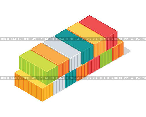 Set of Cargo Boxes Isometric 3d Container Delivery. Set of cargo intermodal containers. Isometric 3d container delivery. Cargo container, freight industry, export, industrial container, storage goods, delivery container, import heavy container. Vector. Стоковая иллюстрация, агентство Ingram Publishing / Фотобанк Лори