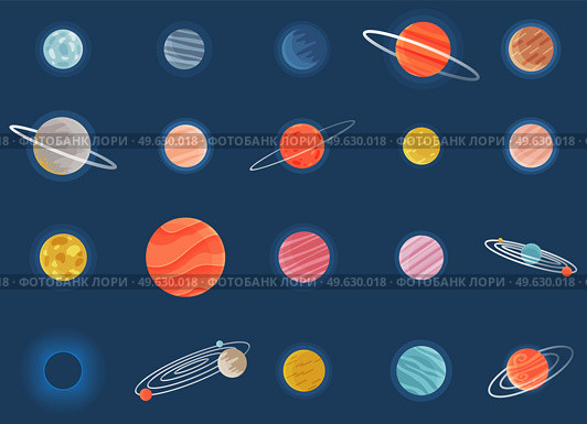 Set of cartoon fantastic planet on dark blue space background. Collection of cosmic objects different colors with orbits. Space game element flat vector objects round shape with light rings. Set of cartoon fantastic planet on dark blue space background. Collection of cosmic objects. Стоковая иллюстрация, агентство Ingram Publishing / Фотобанк Лори