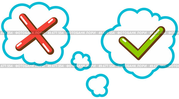 Set of check mark paper icon, ok and cancel sketch. Signs of agreement and disagreement. Red cross and green check mark in speech bubbles. Stickers for communication, virtual talking symbols. Signs of agreement and disagreement. Red cross and green check mark symbols in speech bubbles. Стоковая иллюстрация, агентство Ingram Publishing / Фотобанк Лори