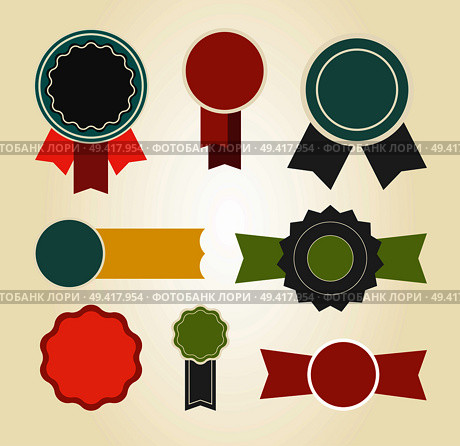 Set of colorful badges icon isolated on white background. Vector illustration with different signs decorated by long patterned tapes, award stamps. Set of Colorful Badges Icon Vector Illustration. Стоковая иллюстрация, агентство Ingram Publishing / Фотобанк Лори