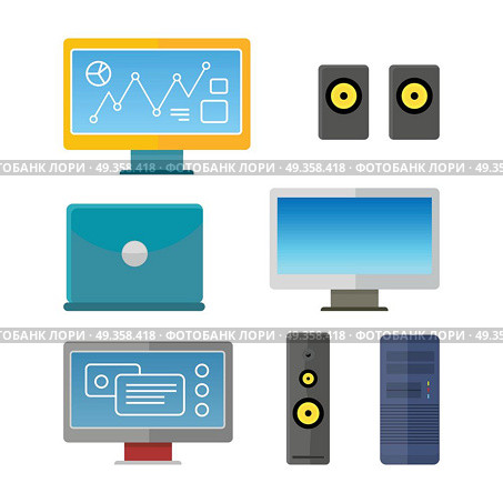 Set of computer peripherals illustration in flat style. Monitor, laptop, computer, column speaker illustration for  technological concept, web, app, icons, logo design. Isolated on white background.  . Set of Computer Peripherals Illustrations.. Set of Computer Peripherals Illustrations. Стоковая иллюстрация, агентство Ingram Publishing / Фотобанк Лори