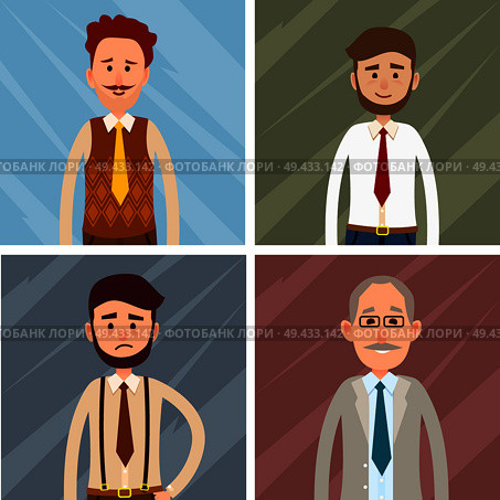 Set of four icons of male characters on abstract background. Vector illustration of two hipsters, old man and caucasian person. People dressed in white shirt and different cravats of various age. Set of Four Icons of Male Characters Graphic Art. Стоковая иллюстрация, агентство Ingram Publishing / Фотобанк Лори