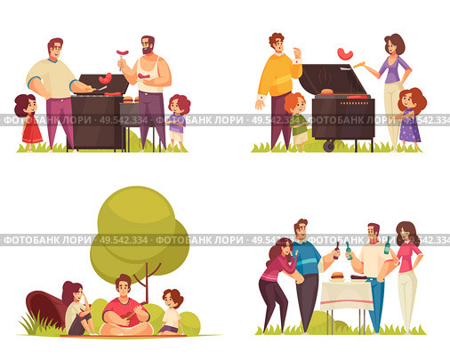 Set of four isolated bbq compositions with flat characters of kids groups families adults and friends vector illustration. Стоковая иллюстрация, агентство Ingram Publishing / Фотобанк Лори
