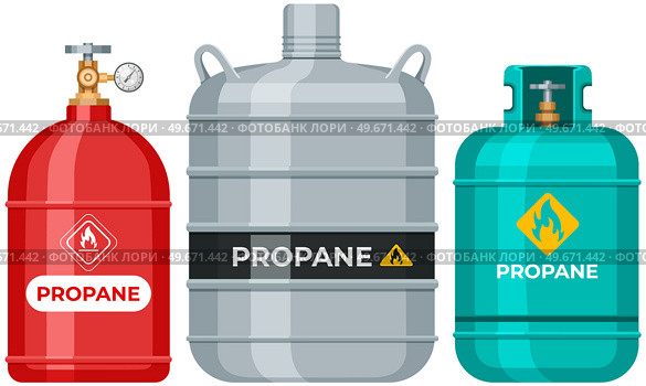 Set of gas cylinders, canisters with fuel, storage. Balloons with flammable signs and manometers. Metal tanks with liquefied compressed petroleum. Pressurized gas cylinders, storage for propane. Set of gas cylinders, canisters with fuel. Metal tanks, containers with liquefied compressed propane. Стоковая иллюстрация, агентство Ingram Publishing / Фотобанк Лори