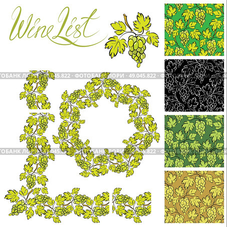 Set of grapes frames and repeated element  for wine labels or menu design, Seamless patterns - hand drawn wine grapes background. Стоковая иллюстрация, агентство Ingram Publishing / Фотобанк Лори