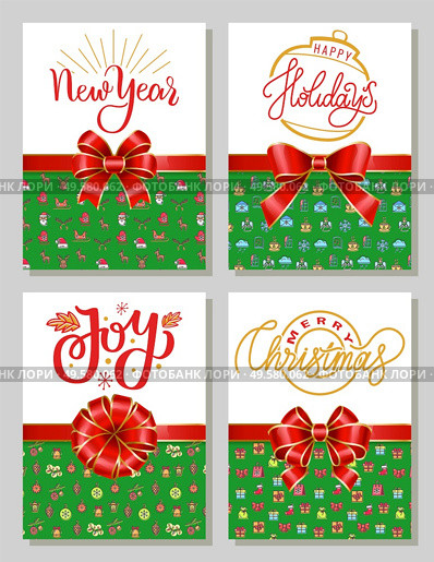 Set of greeting cards for new year and christmas congratulations. Xmas present with symbol of winter holidays. Ribbon bow and calligraphic inscription. Santa Claus and reindeer characters vector. Happy Holidays Christmas and New Year Greeting Set. Стоковая иллюстрация, агентство Ingram Publishing / Фотобанк Лори