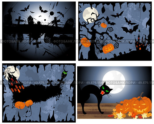 Set of Halloween Greeting Cards. Elegant Design With Pumpkin, Moon, Tree, Grave, Castle, and Cats Over Grunge Dark Sky Background. Vector illustration. Стоковая иллюстрация, агентство Ingram Publishing / Фотобанк Лори