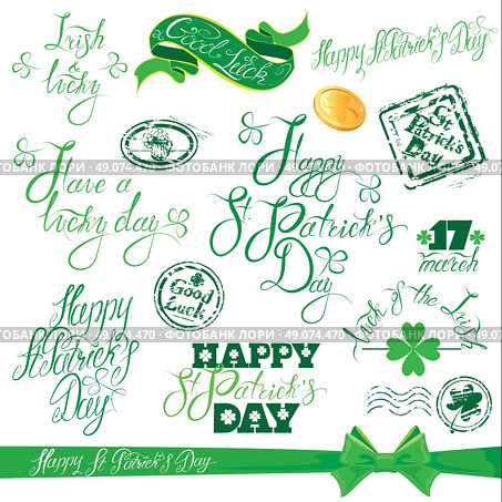 Set of hand written text: Happy St. Patricks Day, Good luck, etc. Calligraphy elements for holiday design in vintage style, grunge rubber stamps, shamrock, gold coin. Isolated on white background. Стоковая иллюстрация, агентство Ingram Publishing / Фотобанк Лори