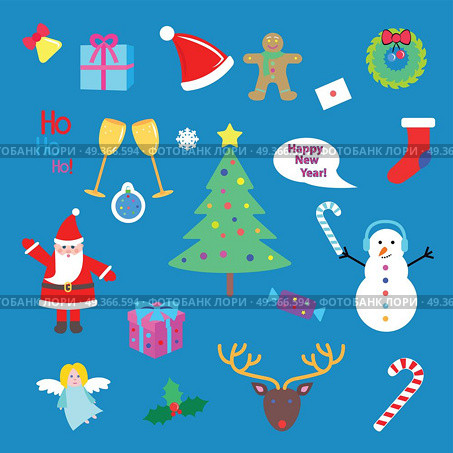 Set of Happy New Year and Merry Christmas elements.. Set of Happy New Year and Merry Christmas elments. Xmas tree, snowman, present, Santa Claus, deer, candy stick, speech bubble, gift, angel. Cartoon style. Comic illustration in 80s 90s style. Vector. Стоковая иллюстрация, агентство Ingram Publishing / Фотобанк Лори